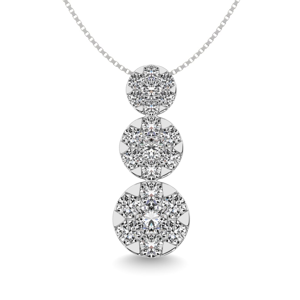 Diamond 1 Ct.tw Three Stone Flower Pendant in 14K White Gold: Diamond 1 Ct.tw Three Stone Flower Pendant in 14K White Gold 14k White Gold Stone Color: G-h Stone Clarity: Si2 Unless otherwise specified, pendants that include a chain are paired with our standard 1