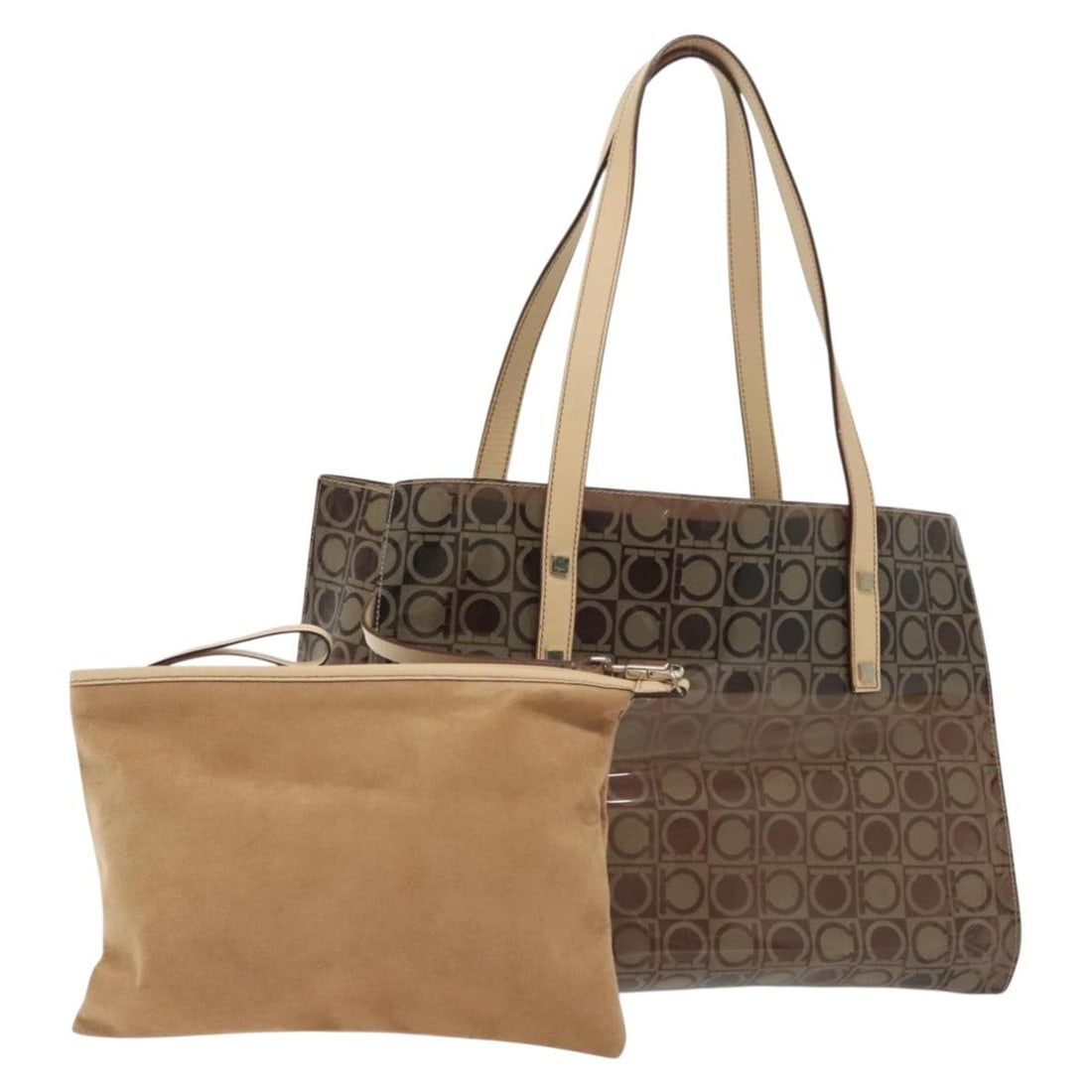 Salvatore Ferragamo Brown Vinyl Tote Bag Italy Auth BA5417: Salvatore Ferragamo Brown Vinyl Tote Bag Italy Auth BA5417 This elegant Salvatore Ferragamo Tote Bag showcases a chic brown vinyl exterior, perfect for adding a touch of sophistication to your everyda