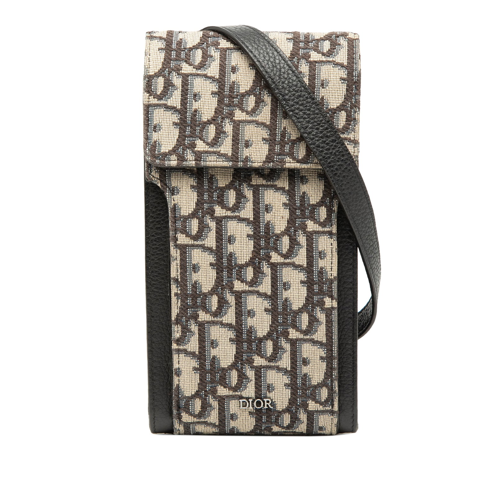 Dior blue canvas phone crossbody with leather strap: Dior blue canvas phone crossbody with leather strap This Dior Oblique Canvas Phone Holder Crossbody showcases a stylish blue fabric body with the iconic Oblique pattern. It features an adjustable flat