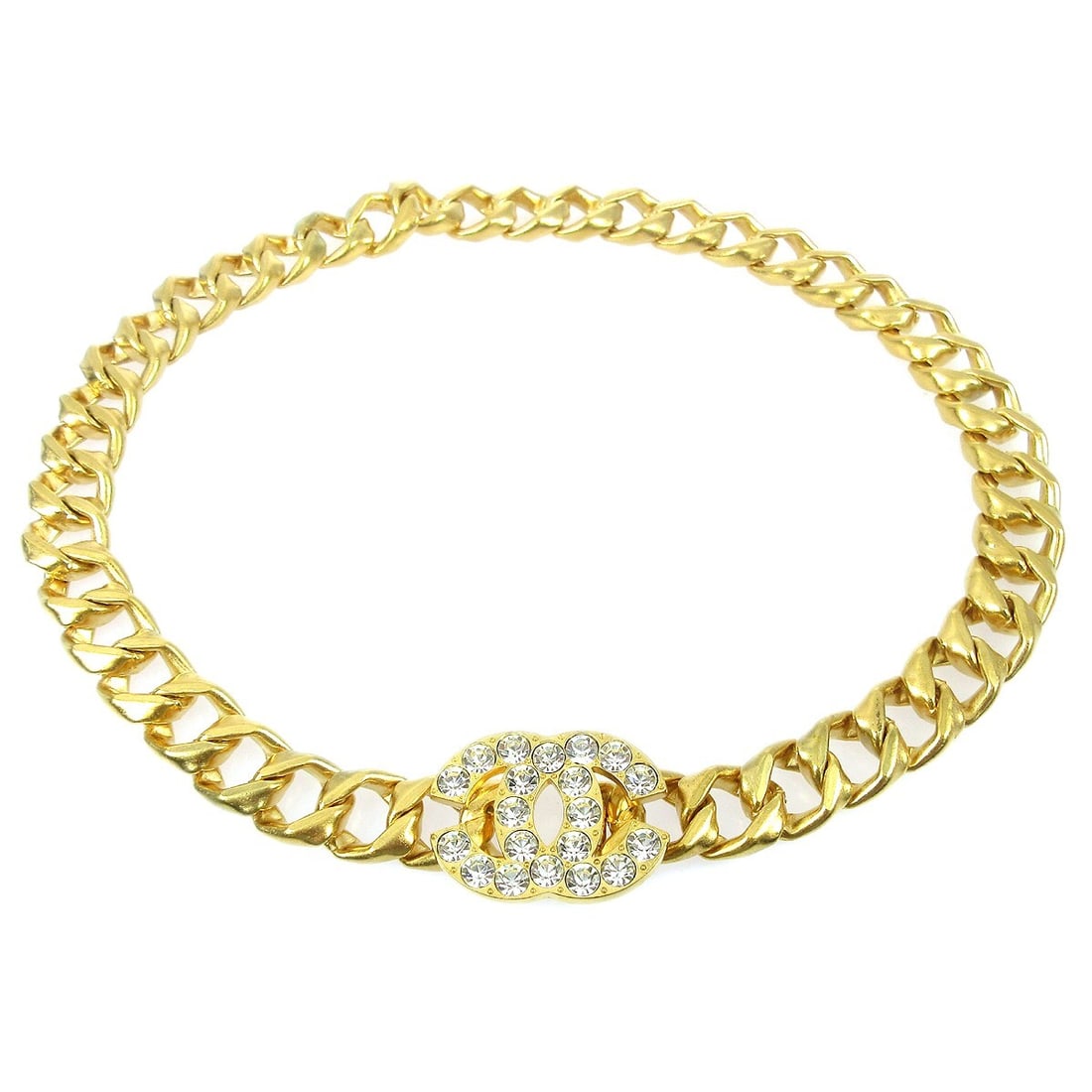 Chanel 95P Adjustable Gold Tone Chain Belt with Rhinestones: Chanel 95P Adjustable Gold Tone Chain Belt with Rhinestones Women's Chanel chain belt in gold-tone with rhinestone accents. It is adjustable and made in France. The item is described as small and in v