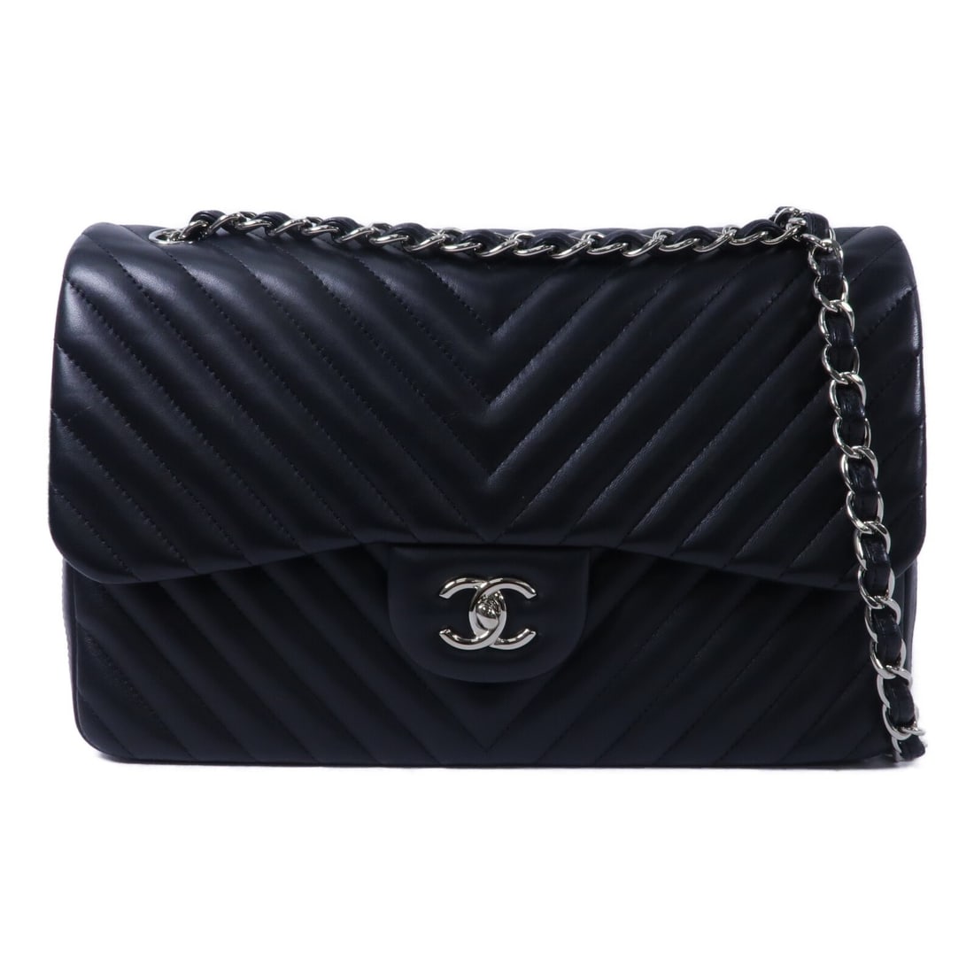 CHANEL Classic Flap Shoulder Bag Chevron Black Lambskin SHW: CHANEL Classic Flap Shoulder Bag Chevron Black Lambskin SHW A CHANEL Chevron Classic Flap shoulder bag in black lambskin (sheep leather) with CC silver-tone hardware. It features a chain shoulder stra