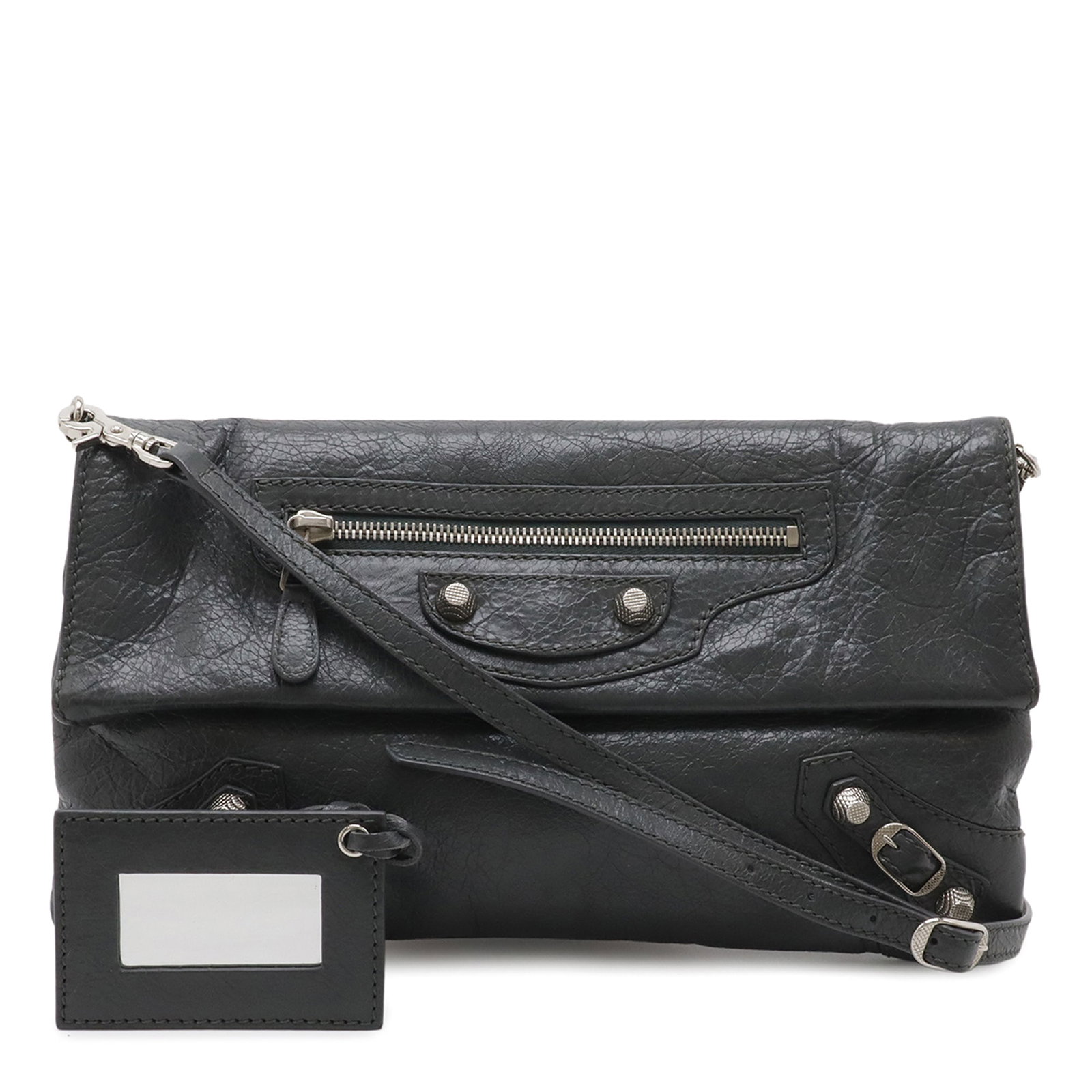 Balenciaga Giant 12 Envelope Crossbody Gray Lambskin Bag: Balenciaga Giant 12 Envelope Crossbody Gray Lambskin Bag Balenciaga Motocross Agneau Giant 12 Envelope Crossbody in gray leather with a flap front and magnetic closure. The design includes a flat leat