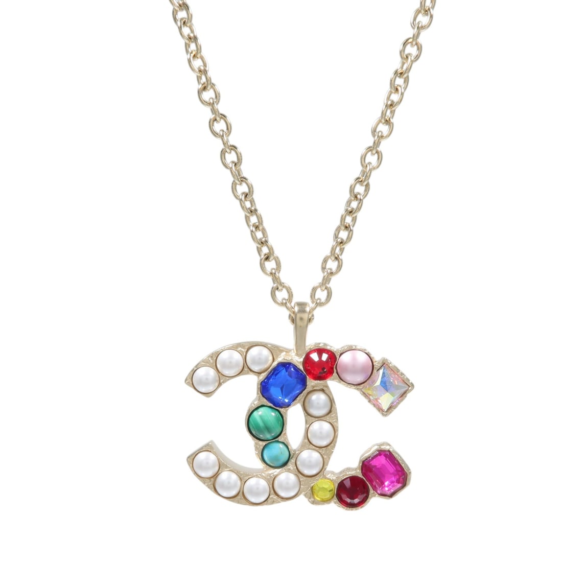 CHANEL L22B CC Pendant Necklace Silver Multicolor Metal: CHANEL L22B CC Pendant Necklace Silver Multicolor Metal A CHANEL necklace in silver and multicolor metal, featuring the CC motif. It is a women's regular-size necklace made in France and identified wi