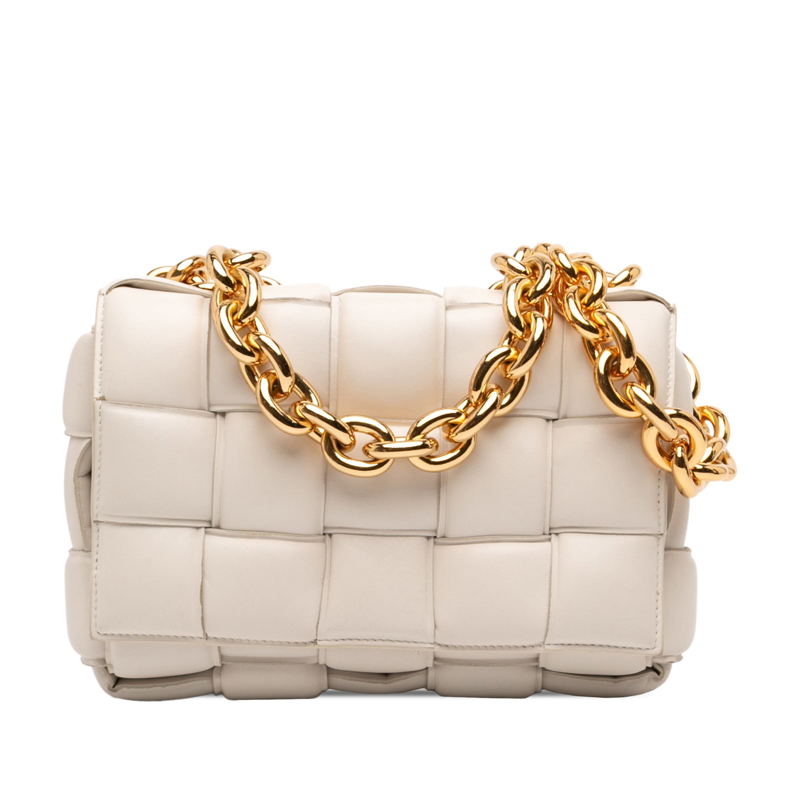 Bottega Veneta Chain Cassette Satchel in White Nappa Leather: Bottega Veneta Chain Cassette Satchel in White Nappa Leather Bottega Veneta Nappa Intrecciato Padded Chain Cassette satchel in white padded woven nappa leather. The bag features a front flap with magn