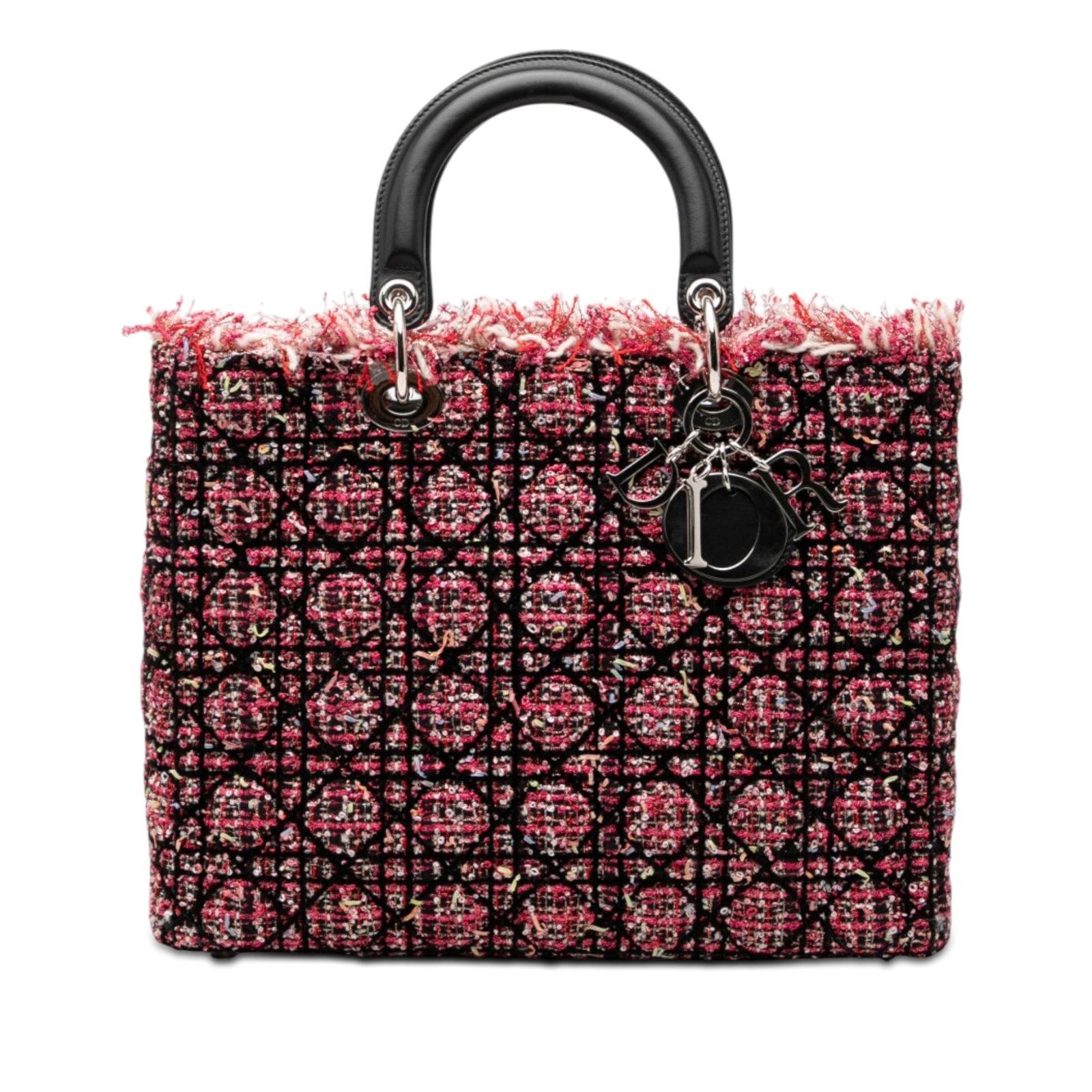 Dior Lady Dior Large Pink Tweed Cannage Fringe Bag: Dior Lady Dior Large Pink Tweed Cannage Fringe Bag Large Lady Dior bag in pink tweed with Cannage detailing and fringe accents. It features flat leather handles, a top zip closure, and an interior zip