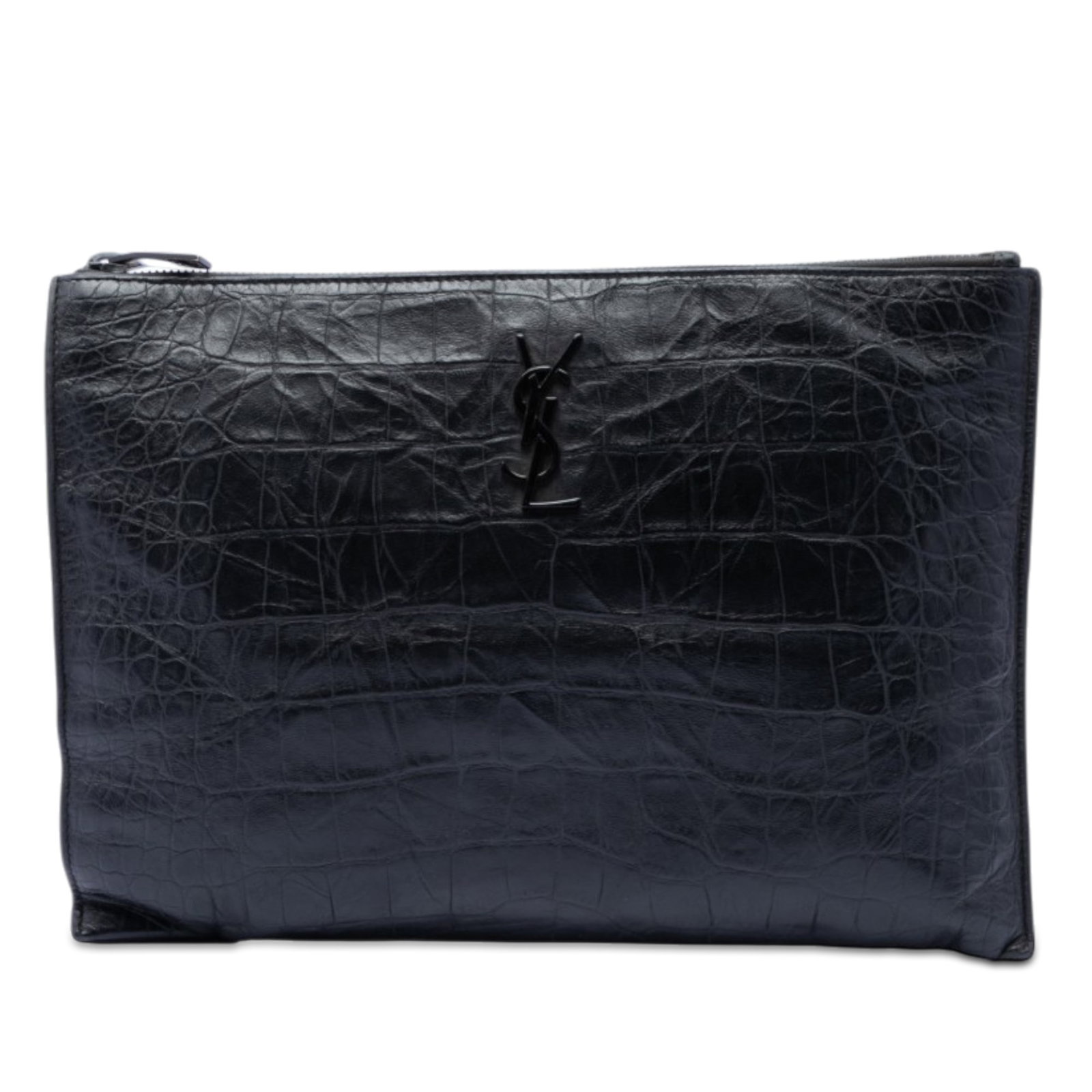Saint Laurent croc embossed leather monogram clutch bag: Saint Laurent croc embossed leather monogram clutch bag This Saint Laurent document holder features a croc-embossed leather exterior in black, complemented by a top zip closure and interior slip pocke