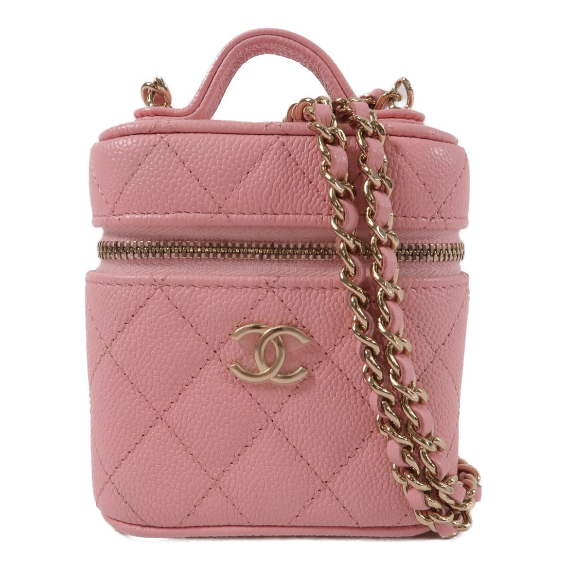 CHANEL AP2503 Mini Vanity Case Pink Calfskin 2 Way Shoulder Bag: CHANEL AP2503 Mini Vanity Case Pink Calfskin 2 Way Shoulder Bag Compact Chanel mini vanity case designed as a 2-way shoulder bag in pink calfskin leather. This women's bag features the CC design and i