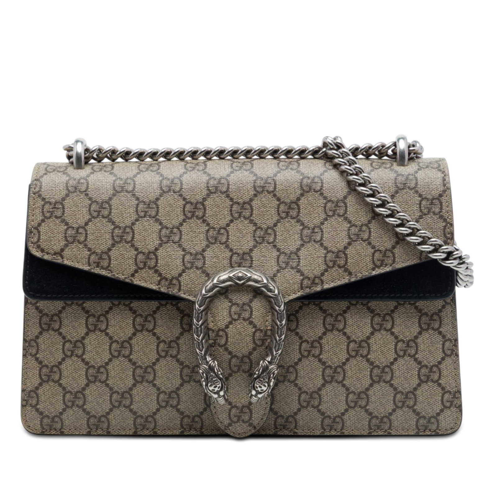 Gucci Dionysus Medium Shoulder Bag in GG Supreme Canvas: Gucci Dionysus Medium Shoulder Bag in GG Supreme Canvas Gucci Medium GG Supreme Dionysus shoulder bag featuring a coated canvas body with suede leather trim, a silver-tone curb chain shoulder strap, a