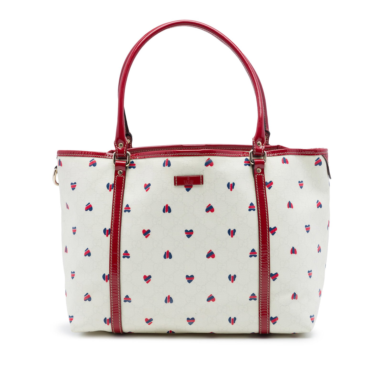 Gucci GG Supreme Hearts Joy Medium Tote Bag: Gucci GG Supreme Hearts Joy Medium Tote Bag Gucci Medium GG Supreme Hearts Joy Tote in white with a printed coated canvas body, patent leather trim, rolled leather straps, an open top, and an interior