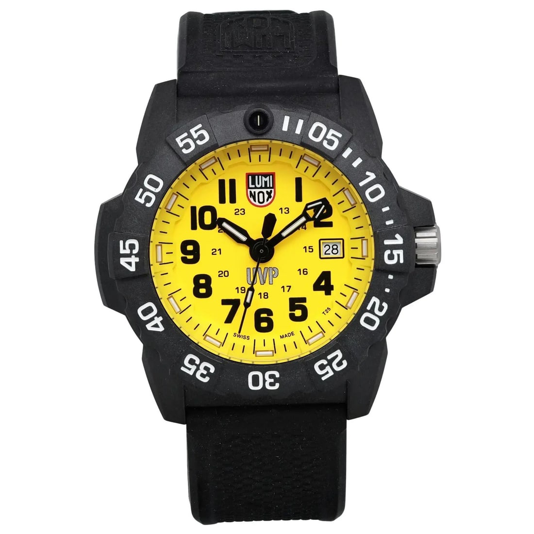 Luminox XS.3505.SC 44mm mens wristwatch yellow dial black rubber strap: Luminox XS.3505.SC 44mm mens wristwatch yellow dial black rubber strap Pre-owned Luminox Navy Seal Scott Cassell UVP men's wristwatch with a yellow analog dial and black rubber strap. This display mod