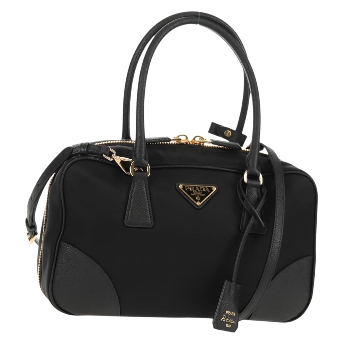 PRADA 1BB115 Black Gold Nylon 2-Way Hand Bag Auth Italy: PRADA 1BB115 Black Gold Nylon 2-Way Hand Bag Auth Italy This authentic PRADA Hand Bag is a stylish accessory crafted from durable nylon, showcasing a classic black and gold color scheme. Designed for 