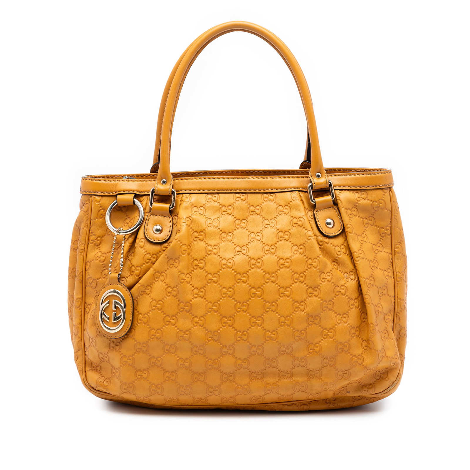 Gucci Guccissima Sukey Yellow Embossed Leather Tote Bag Italy: Gucci Guccissima Sukey Yellow Embossed Leather Tote Bag Italy This Gucci Guccissima Sukey Tote features a yellow embossed leather exterior, rolled leather handles, and an open top with a magnetic snap