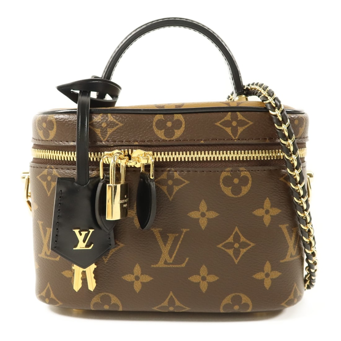 Louis Vuitton Vanity PM M45165 2 Way Shoulder Bag Monogram Reverse: Louis Vuitton Vanity PM M45165 2 Way Shoulder Bag Monogram Reverse Louis Vuitton Vanity PM 2 Way Shoulder Bag in Brown Monogram Reverse and PVC coated canvas. It features a 2-way shoulder bag style, o