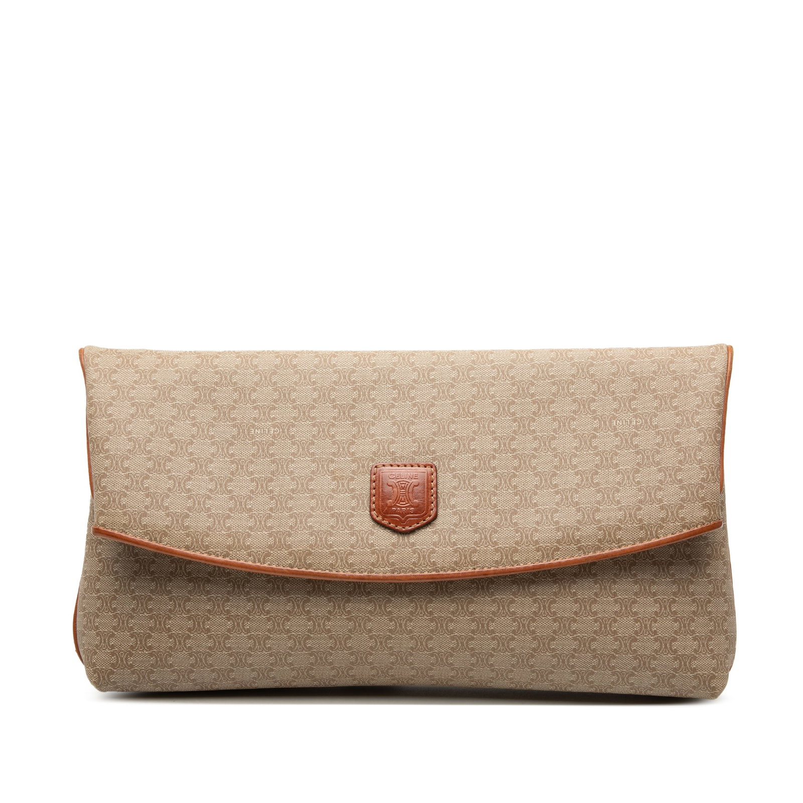Celine Macadam fold over clutch bag coated canvas and leather: Celine Macadam fold over clutch bag coated canvas and leather Celine Macadam clutch bag in coated canvas with leather trim and a fold-over top secured by a magnetic snap closure. The interior includes