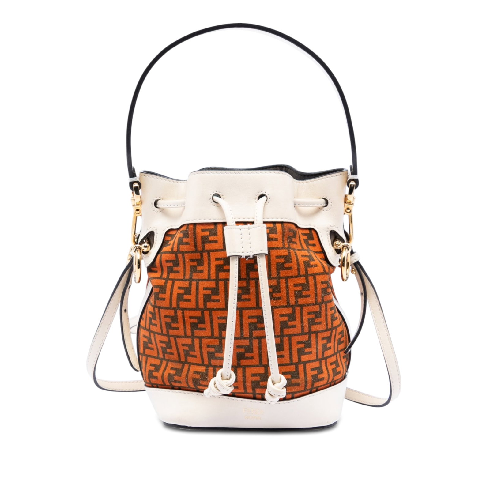 Fendi Mon Tresor Mini Bucket Bag in Orange Suede: Fendi Mon Tresor Mini Bucket Bag in Orange Suede Fendi Mon Tresor bucket bag crafted with a suede body and calf leather trim. This mini bag features a flat leather handle, a detachable flat leather st