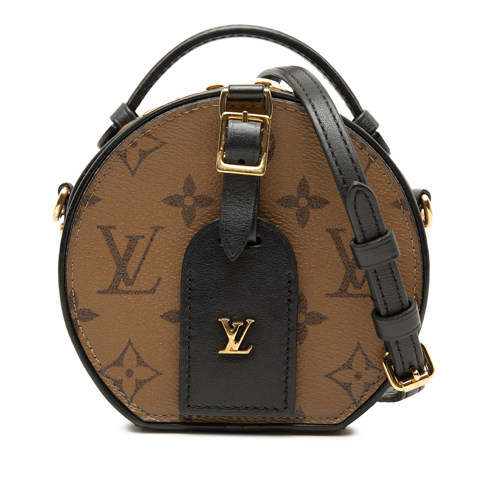 Louis Vuitton Mini Boite Chapeau Monogram Reverse Crossbody Bag: Louis Vuitton Mini Boite Chapeau Monogram Reverse Crossbody Bag Louis Vuitton Monogram Reverse Mini Boite Chapeau bag crafted with a monogram canvas body and leather trim. It features an adjustable fl