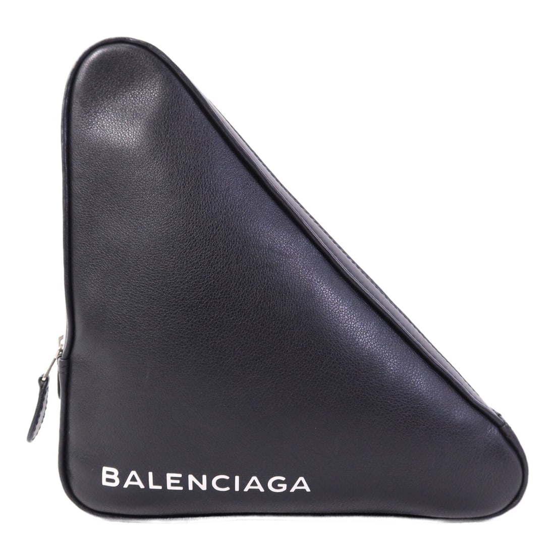 Balenciaga Triangle Clutch 476976 Black Calfskin Handbag SHW: Balenciaga Triangle Clutch 476976 Black Calfskin Handbag SHW Balenciaga Triangle clutch handbag in black calfskin leather with silver-tone hardware. This unisex handbag features an interior with three