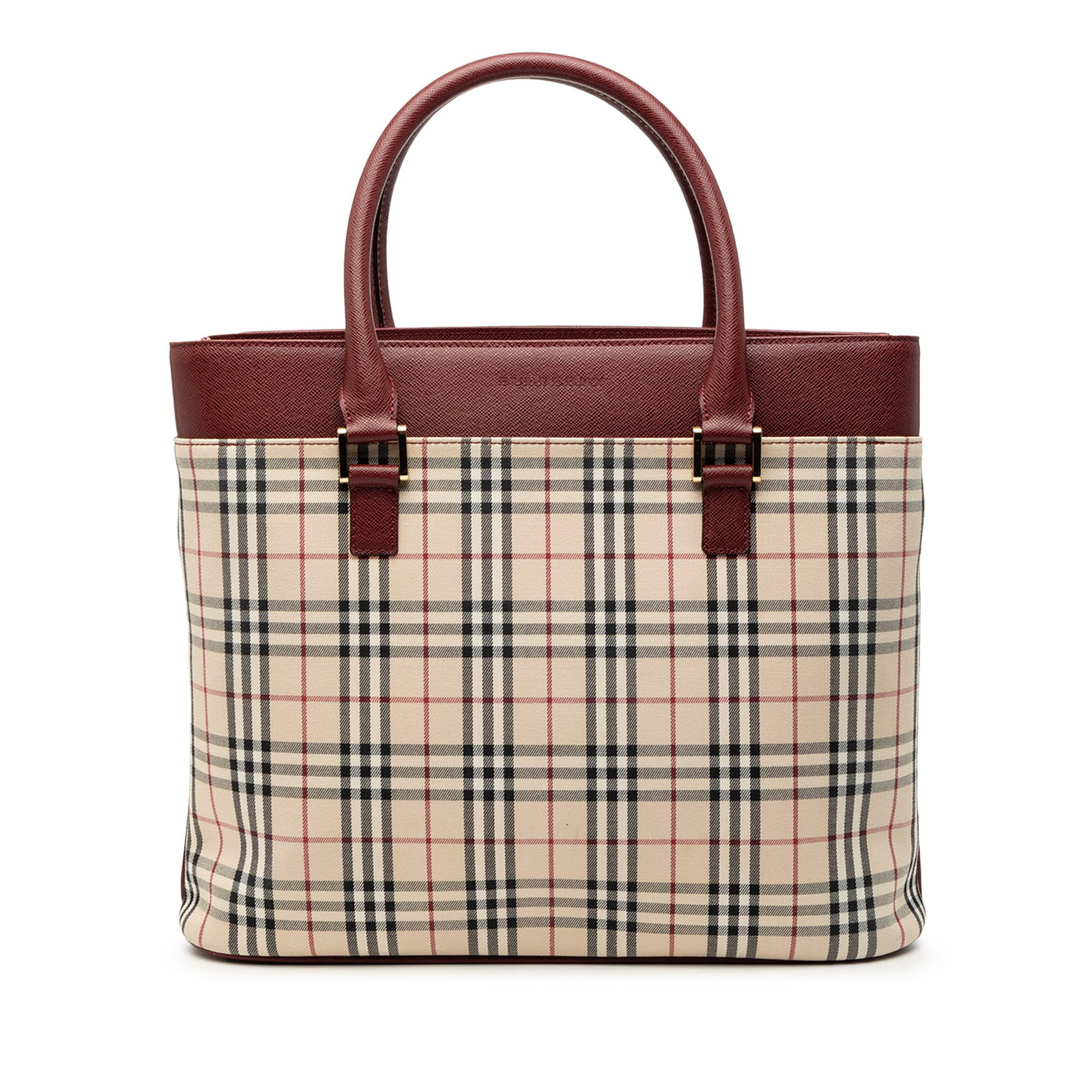 Beige Plaid Canvas Tote Bag with Leather Trim by Burberry: Beige Plaid Canvas Tote Bag with Leather Trim by Burberry This Burberry House Check Canvas Tote features a beige plaid canvas exterior with leather trim and rolled leather handles. The open top design