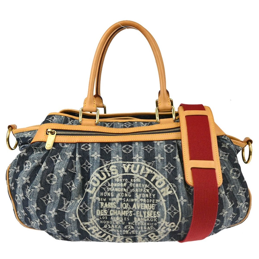 Louis Vuitton Cabas Raye GM Blue Monogram Denim Tote with Shoulder Strap: Louis Vuitton Cabas Raye GM Blue Monogram Denim Tote with Shoulder Strap Vintage Louis Vuitton Cabas Raye GM 2-way tote in blue Monogram denim with leather trim and a beige Alcantara lining. This larg