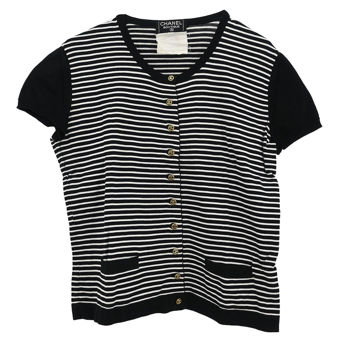 CHANEL 95C Women's Cotton Top Size 42 Black Short Sleeve: CHANEL 95C Women's Cotton Top Size 42 Black Short Sleeve Chanel women's short sleeve top in black cotton with a round neckline, regular fit, and two exterior pockets. Made in France, this piece is lab