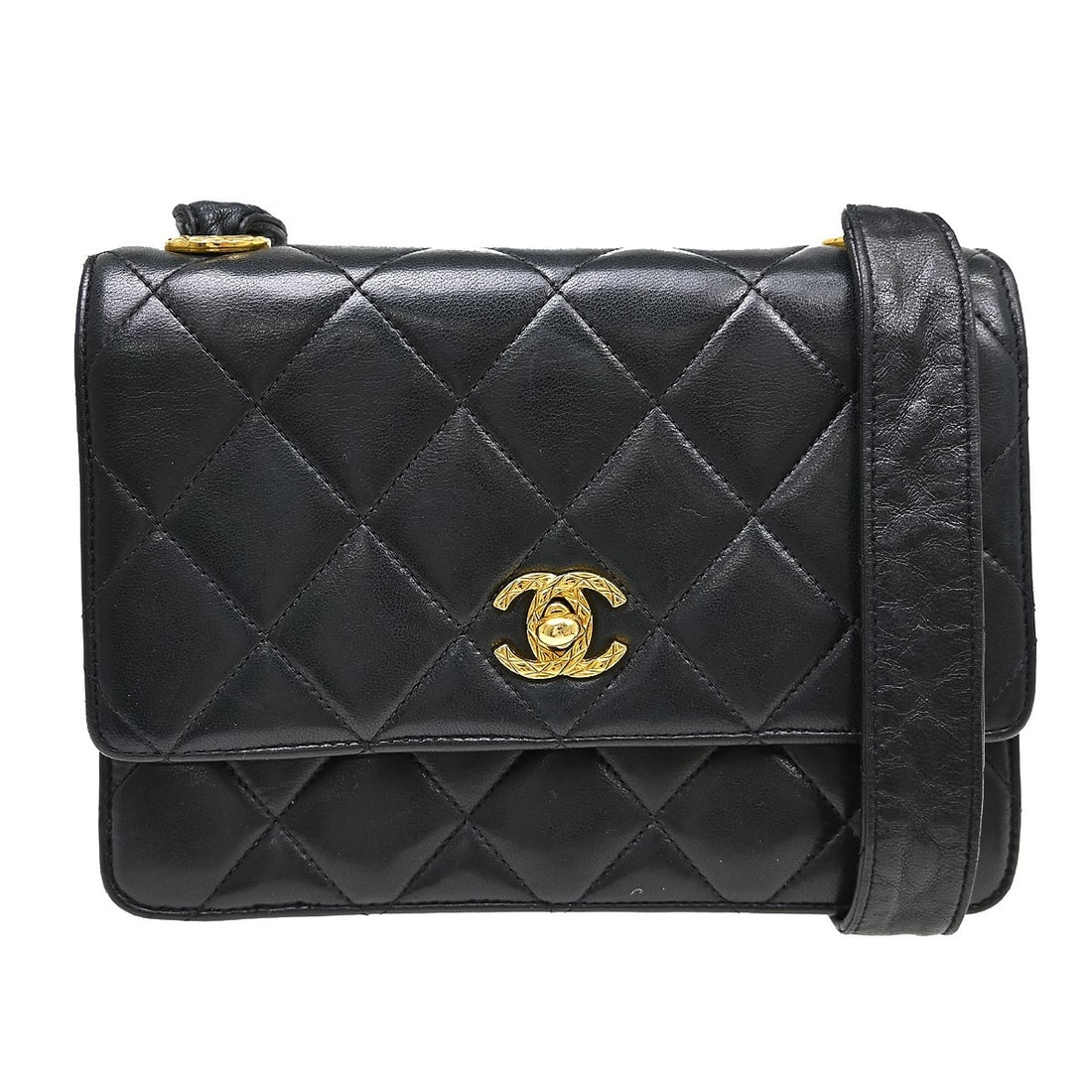 CHANEL Straight Flap Small Shoulder Bag Black Lambskin Chain Strap: CHANEL Straight Flap Small Shoulder Bag Black Lambskin Chain Strap Chanel Black Lambskin Straight Flap Shoulder Bag in small size, featuring a turn lock closure, gold-tone hardware, and a chain should