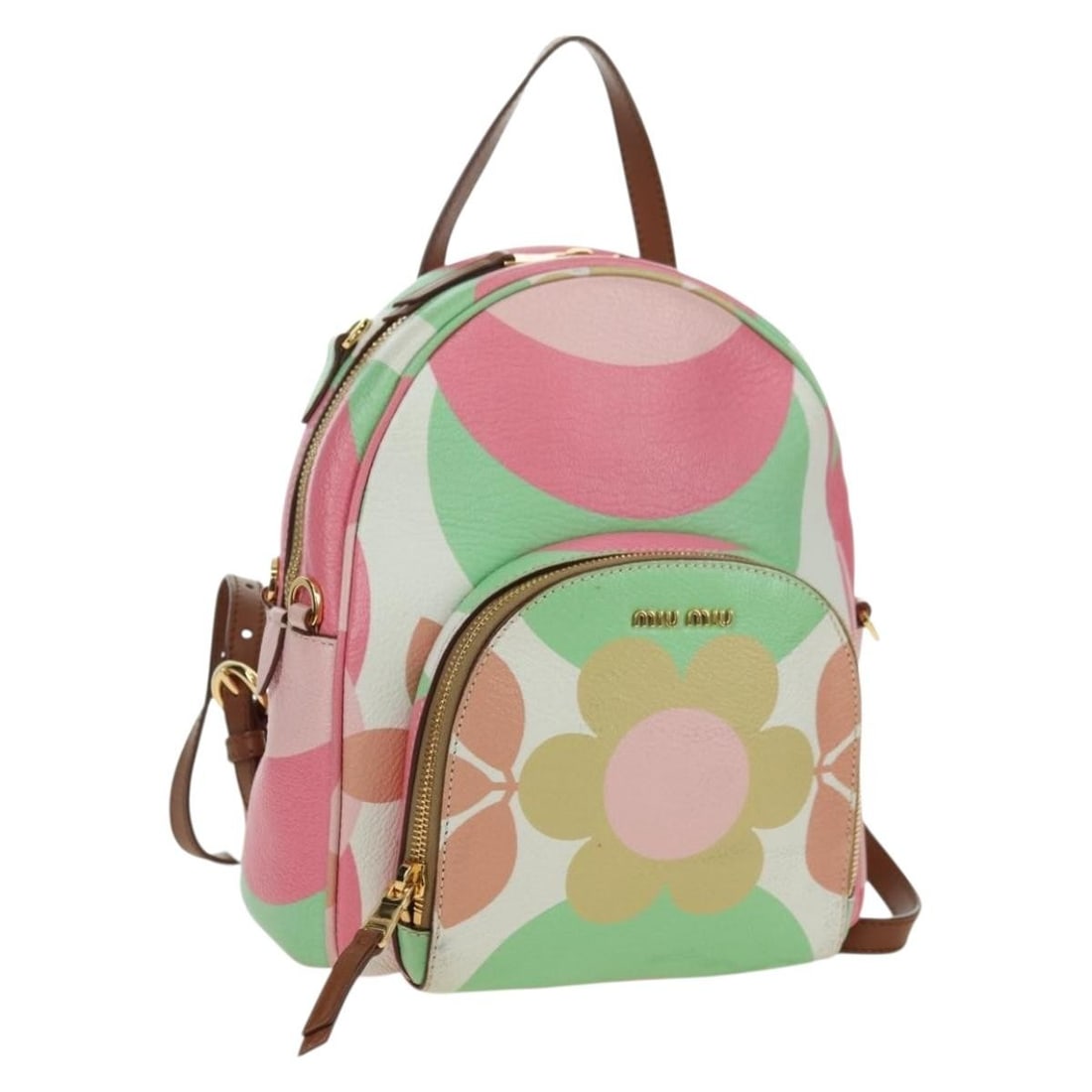 Miu Miu Leather Backpack Multicolor Gold Tone with Dust Bag: Miu Miu Leather Backpack Multicolor Gold Tone with Dust Bag Miu Miu women's leather backpack in a multicolor and gold design. Made in Italy, this backpack includes a dust bag and is rated AB condition