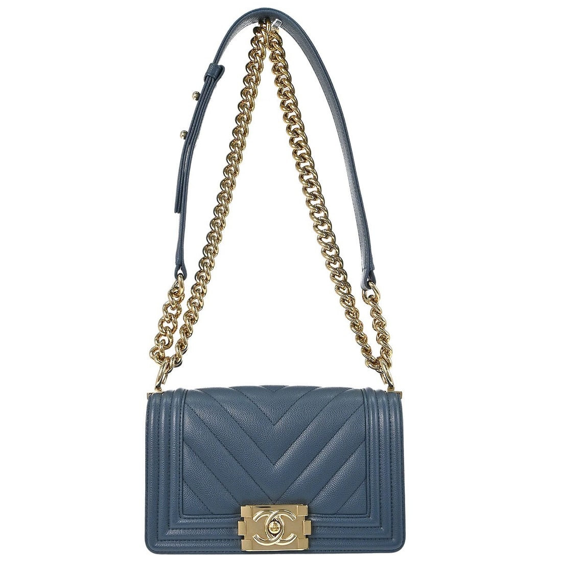 Chanel Boy Small Light Blue Caviar Leather Shoulder Bag: Chanel Boy Small Light Blue Caviar Leather Shoulder Bag Boy Chanel small chain shoulder bag in light blue caviar skin leather with a clasp flap closure and fabric lining. This women's shoulder bag fea