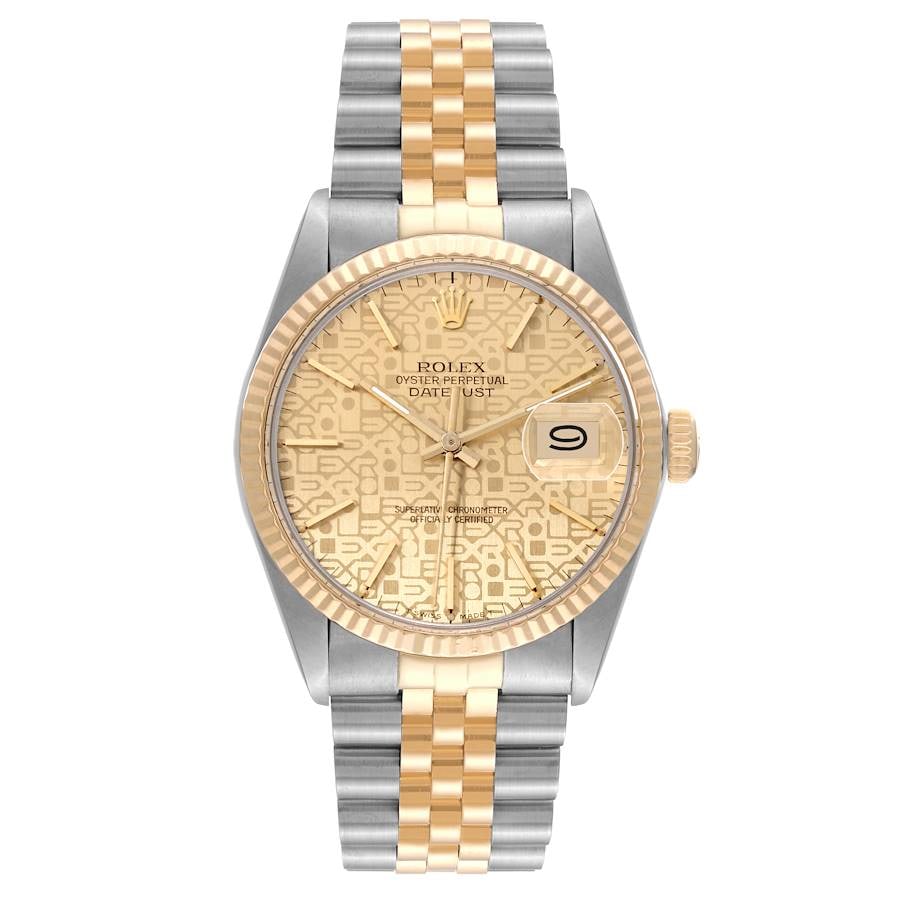 Rolex Datejust Ref 16013 Mens Watch with Aftermarket Jubilee Bracelet: Rolex Datejust Ref 16013 Mens Watch with Aftermarket Jubilee Bracelet This Rolex Datejust features a champagne stick dial and a fluted bezel, paired with an aftermarket Jubilee bracelet. The watch is 