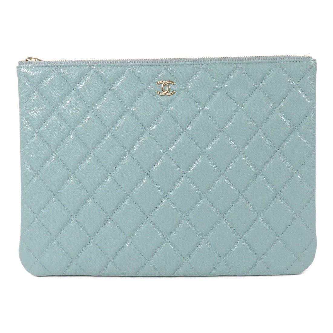 CHANEL AP4021 CC Blue Calfskin Pouch with Guarantee: CHANEL AP4021 CC Blue Calfskin Pouch with Guarantee A CHANEL CC pouch in blue calfskin leather, model AP4021. It features a fastener closure, one open outside pocket, and one inside zip pocket. The it