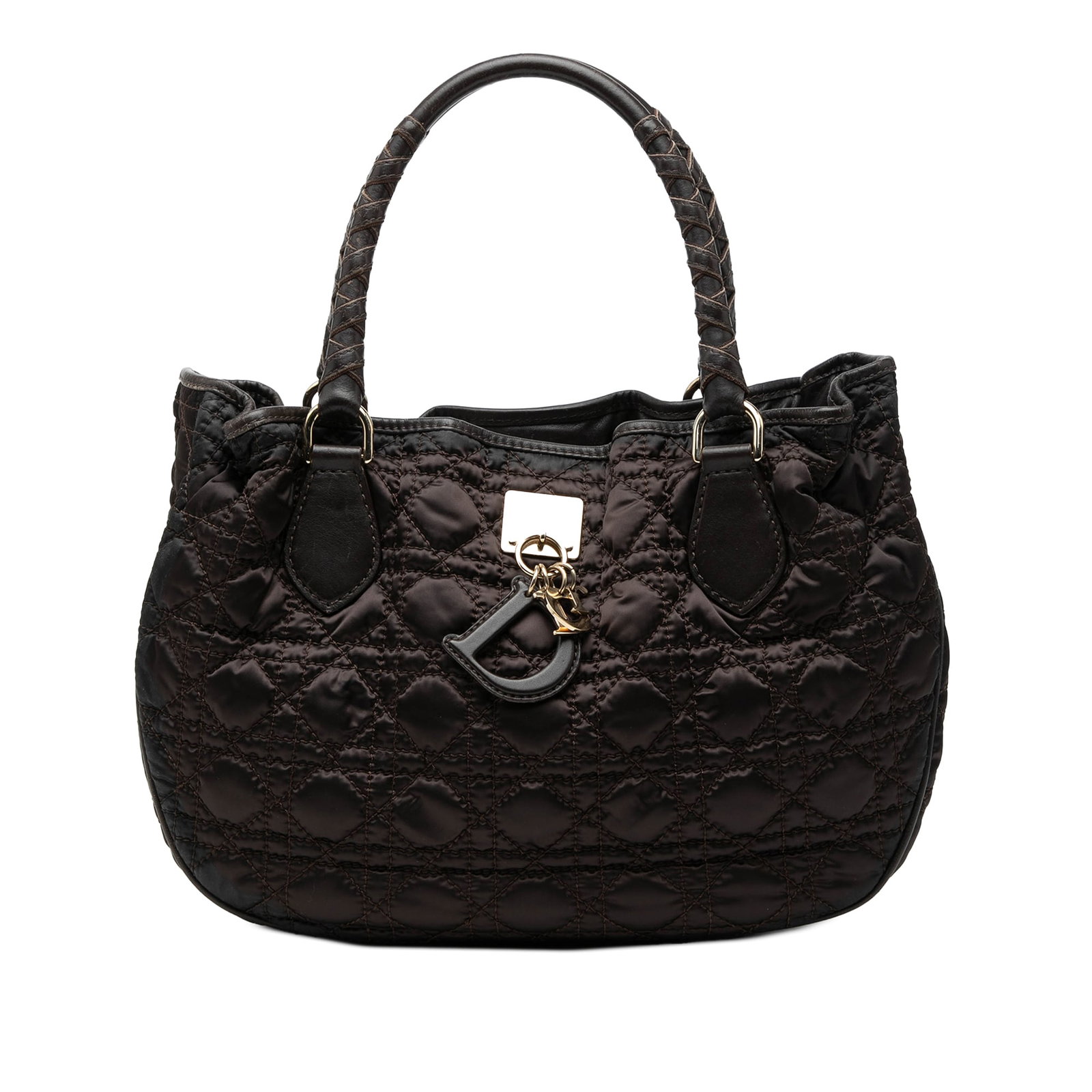 Dior Lovely Handbag Brown Quilted Nylon with Leather Trim: Dior Lovely Handbag Brown Quilted Nylon with Leather Trim This handbag features a quilted nylon body with leather trim, rolled leather handles, an open top with magnetic closure, and an interior zip p
