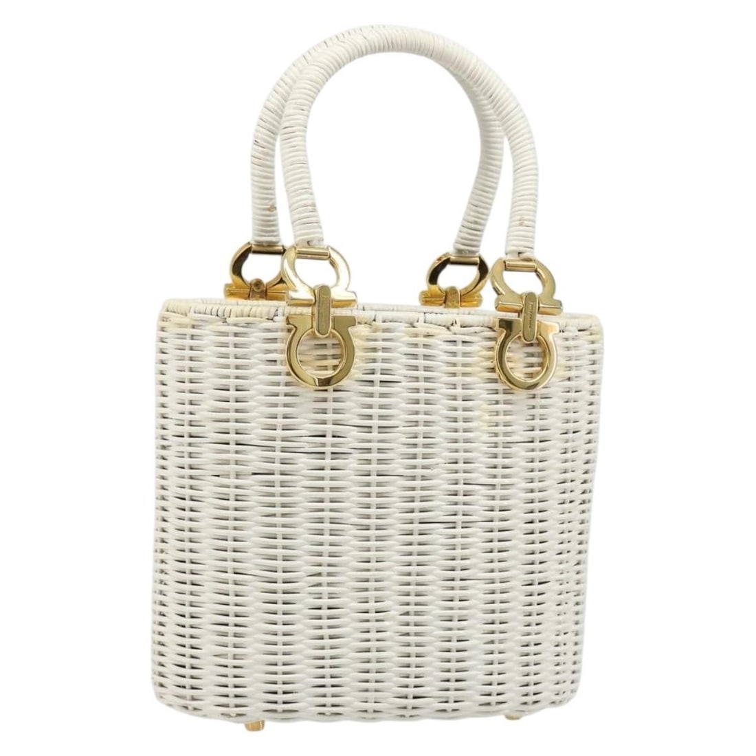 Salvatore Ferragamo Gancini White Gold Leather Handbag with Dust Bag: Salvatore Ferragamo Gancini White Gold Leather Handbag with Dust Bag Salvatore Ferragamo Gancini handbag in white and gold leather, made in Italy. Includes a dust bag. Condition is AB, described as ve