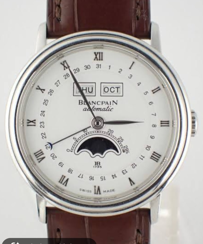 Blancpain B6553.1127A.55 Villeret Triple Calender watch with papers: Blancpain B6553.1127A.55 Villeret Triple Calender watch with papers Blancpain Villeret Triple Calender wristwatch with a white Roman numerals dial, stainless steel bezel, and leather strap with stainl