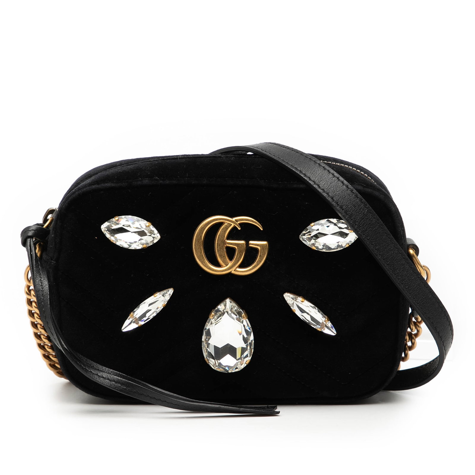 Gucci Mini Marmont Velvet Crossbody with Crystal Accents: Gucci Mini Marmont Velvet Crossbody with Crystal Accents This Gucci Mini GG Marmont crossbody bag features a black matelasse velvet exterior embellished with crystals. It is designed with a chain-link