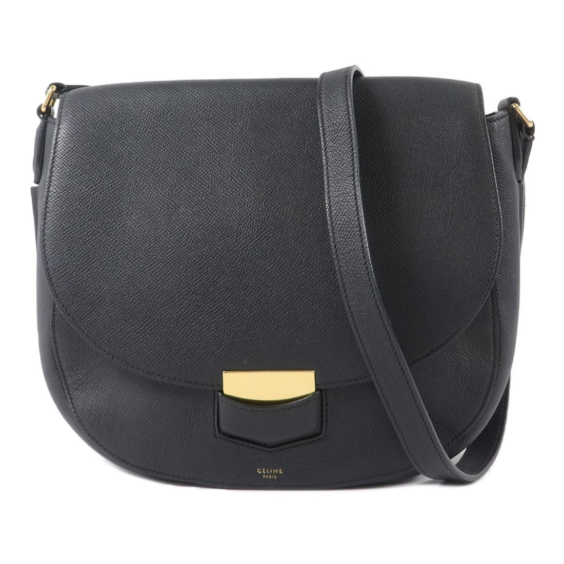 CELINE Black Calfskin Shoulder Bag with Gold Tone Hardware: CELINE Black Calfskin Shoulder Bag with Gold Tone Hardware Celine shoulder bag in black calfskin leather with a black-on-black look and GHW detailing. Designed for women, this shoulder bag features a 