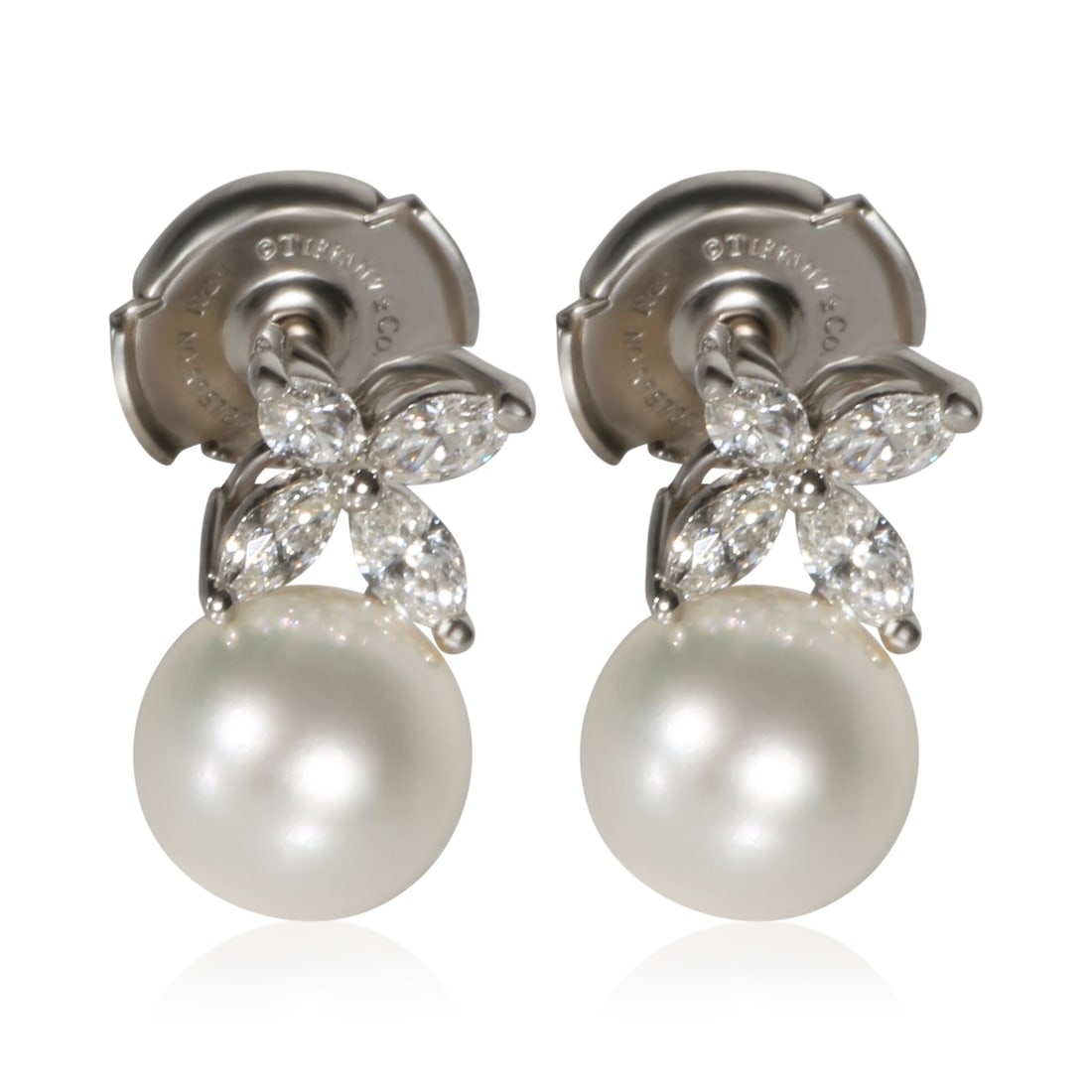 Tiffany & Co. Victoria Pearl Diamond Platinum Earrings with Box: Tiffany & Co. Victoria Pearl Diamond Platinum Earrings with Box Pre-owned Tiffany & Co. Victoria earrings featuring pearls accented by marquise-shaped diamonds. Crafted in platinum, this pair includes