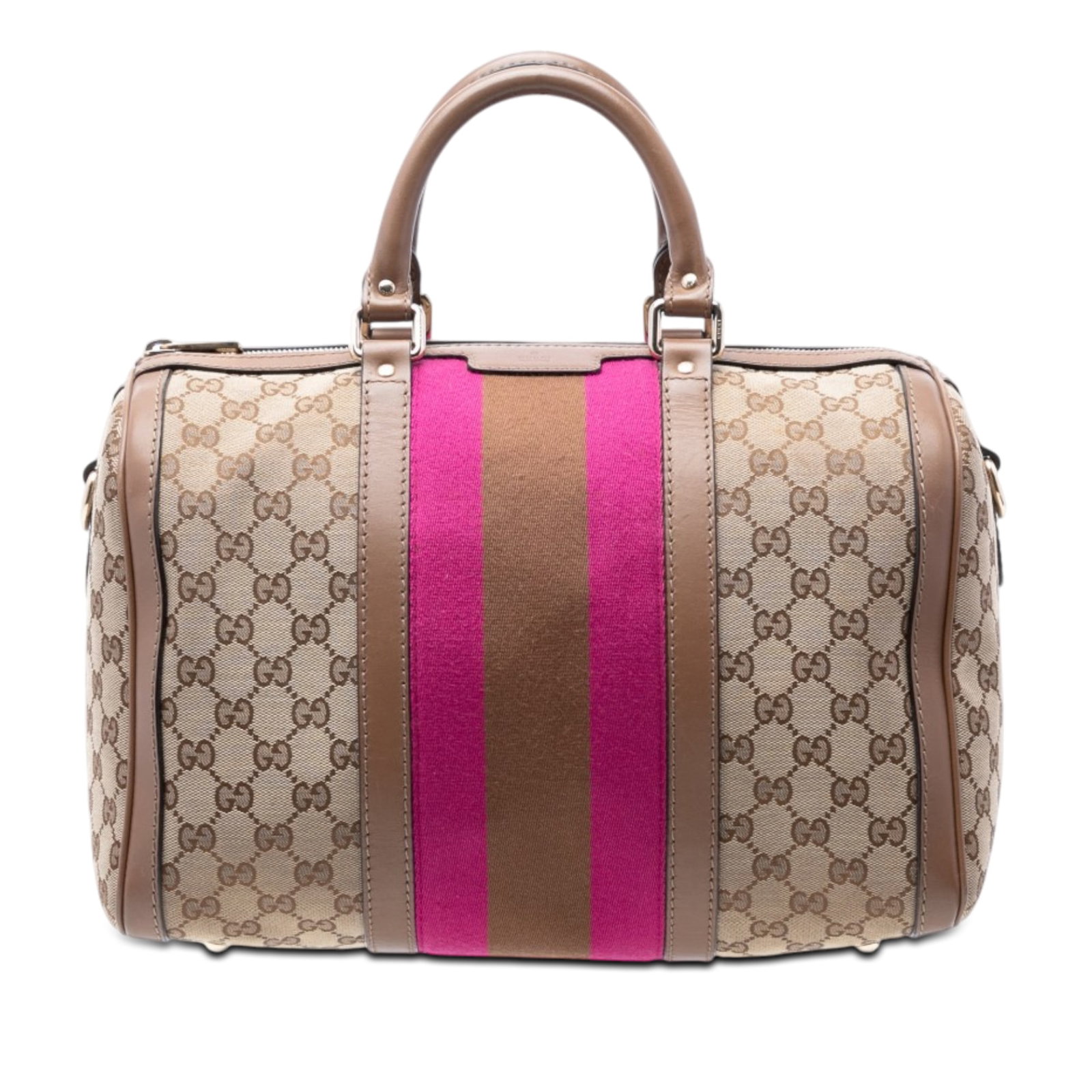 Gucci Joy Boston Satchel in GG Canvas with Web Stripe: Gucci Joy Boston Satchel in GG Canvas with Web Stripe Gucci Medium GG Canvas Web Joy Boston Bag with a canvas body, leather trim, and web detail. This satchel features rolled leather handles, a detach