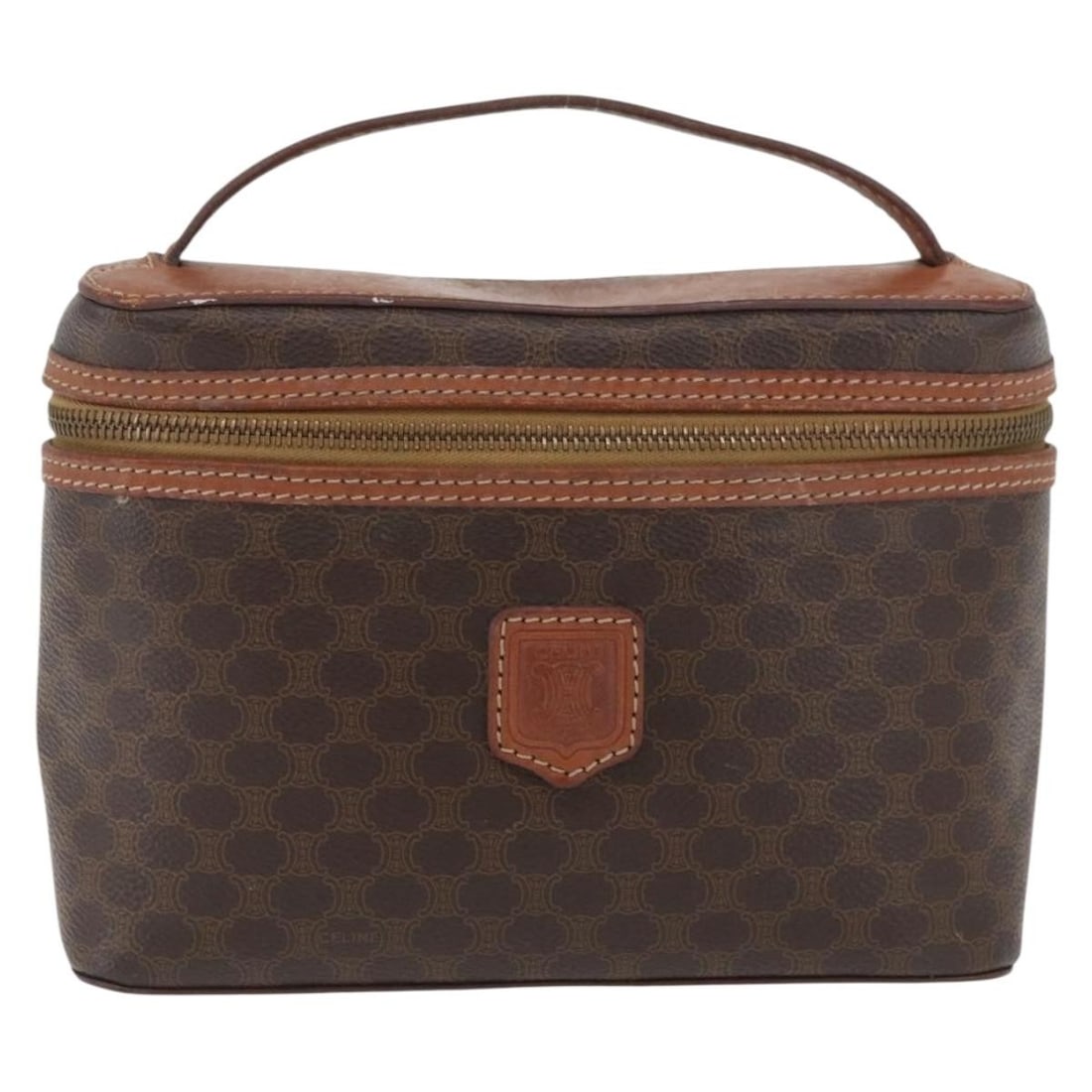 Celine Macadam Brown Canvas Vanity Bag: Celine Macadam Brown Canvas Vanity Bag This Celine Macadam Vanity Bag features a classic brown canvas exterior with leather accents. The bag is designed for women and was crafted in Italy. It shows vi