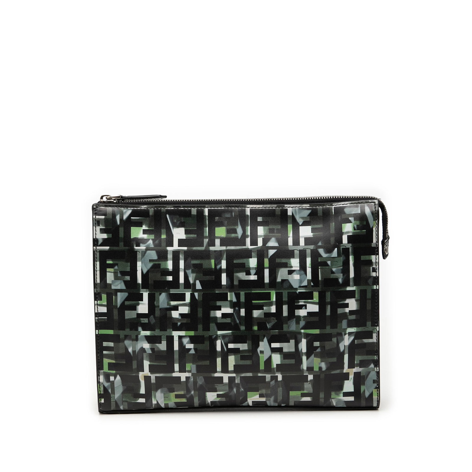 Fendi FF 1974 camouflage nylon zip clutch bag: Fendi FF 1974 camouflage nylon zip clutch bag Fendi FF 1974 camouflage clutch crafted with a printed nylon body and a top zip closure. The interior includes slip pockets for organization. Condition AB