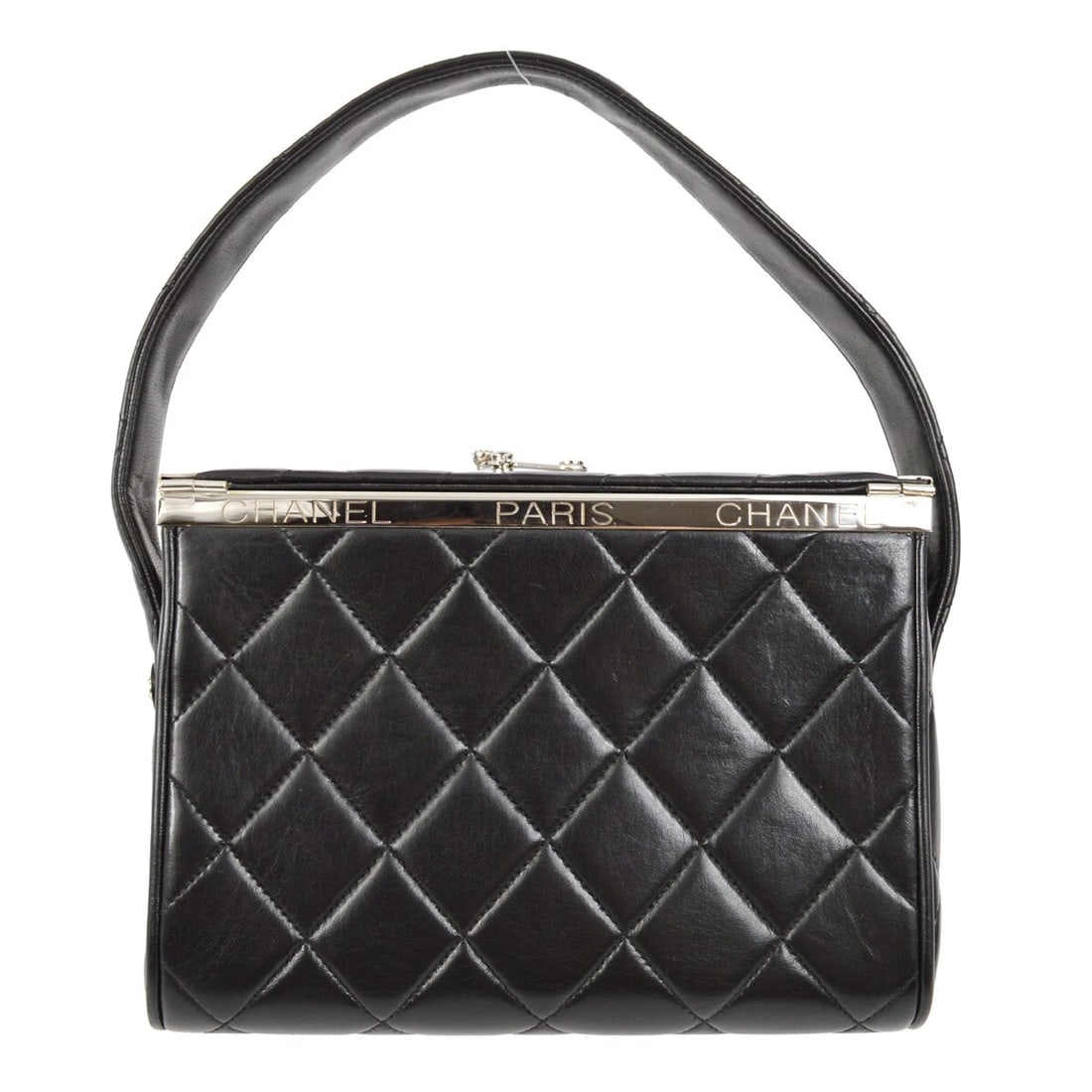 Chanel Matelasse Small Black Lambskin Shoulder Bag: Chanel Matelasse Small Black Lambskin Shoulder Bag Chanel black lambskin handbag with a matelasse quilted design and top handle styling. This small shoulder bag features a leather lining, one interior