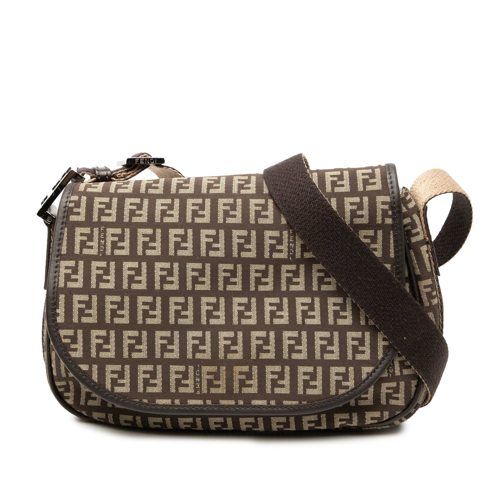 Fendi Zucchino Brown Canvas Crossbody Bag with Leather Trim: Fendi Zucchino Brown Canvas Crossbody Bag with Leather Trim The Fendi Zucchino Canvas Crossbody bag features a brown fabric body with leather trim, an adjustable flat strap, a front flap with magnetic