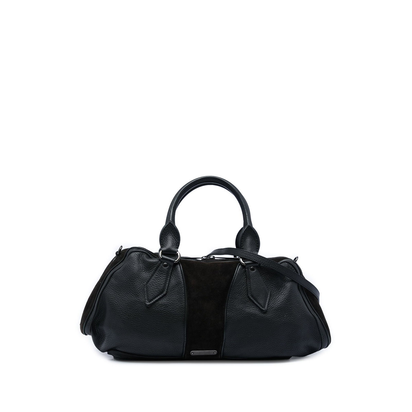 Burberry black leather satchel grained calfskin suede adjustable strap: Burberry black leather satchel grained calfskin suede adjustable strap Burberry satchel crafted from grained calfskin and suede leather. It features rolled leather handles, a detachable and adjustable