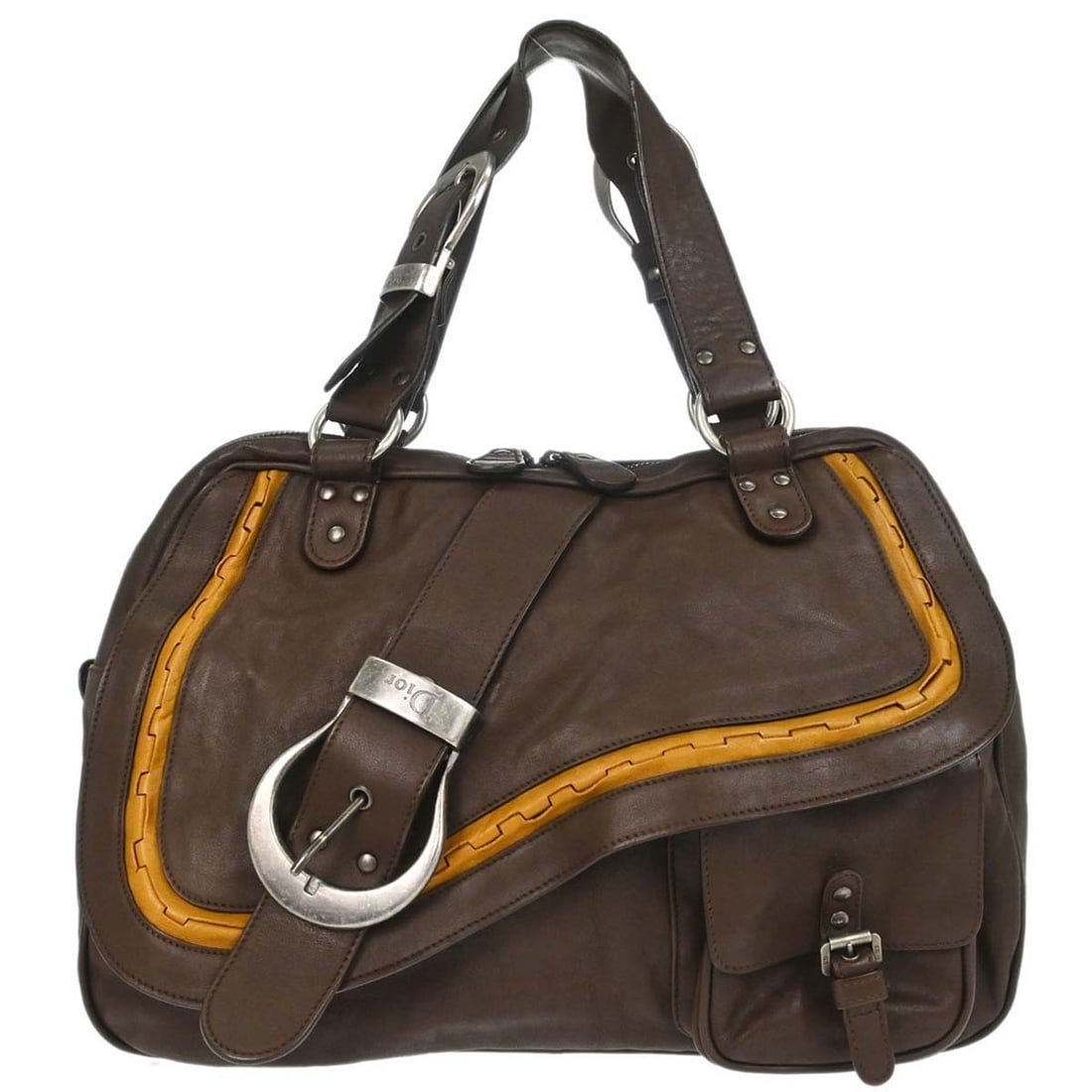 Dior Gaucho Large Brown Leather Saddle Bag Top Handle 05-MA-0017: Dior Gaucho Large Brown Leather Saddle Bag Top Handle 05-MA-0017 Christian Dior Gaucho handbag in brown leather with a top handle and magnetic closure. This large women's saddle bag is made in Italy a