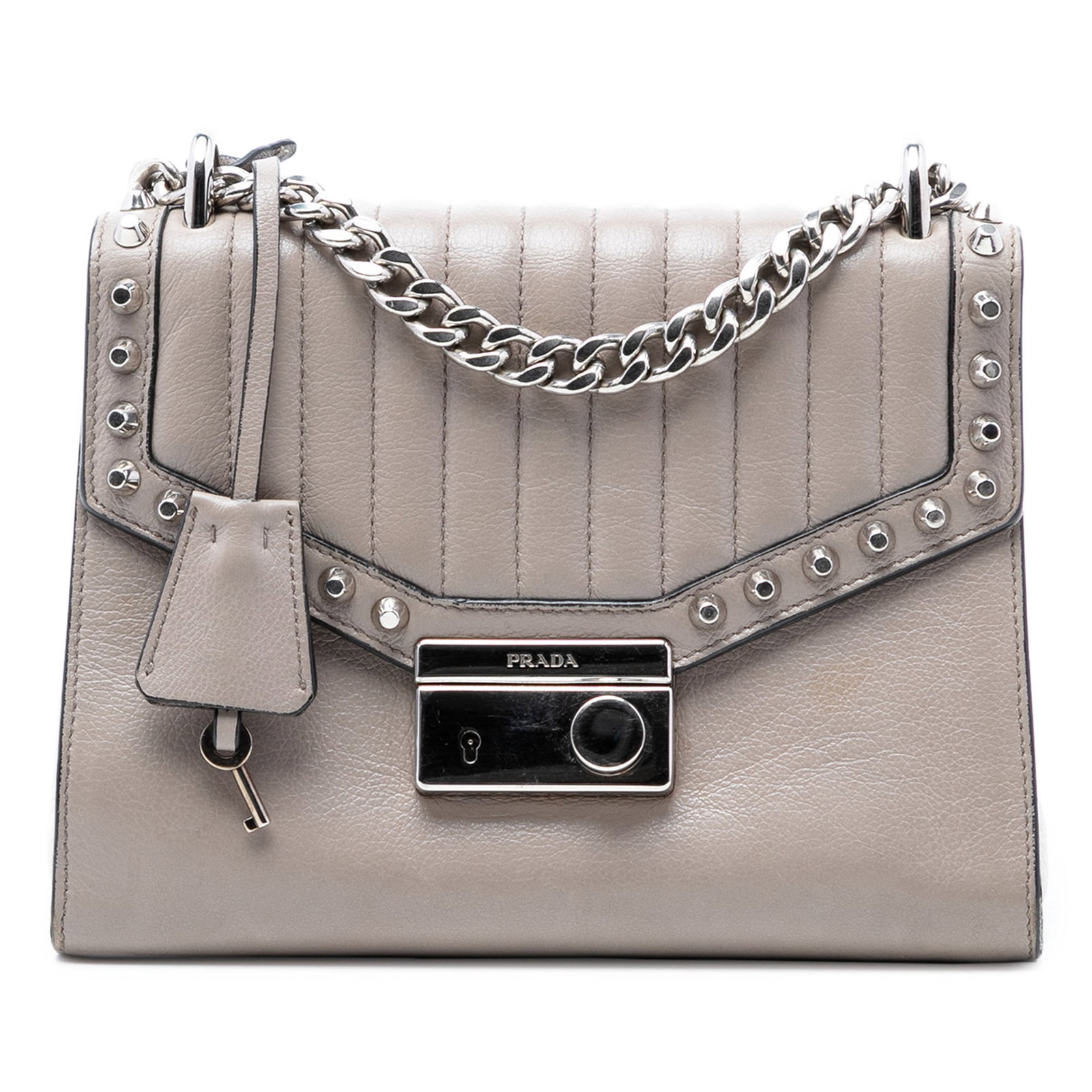 Prada Gray Studded Leather Crossbody with Chain Strap: Prada Gray Studded Leather Crossbody with Chain Strap This Prada Studded Glace Calf Sound Lock Crossbody bag features a gray studded leather exterior and a silver-tone curb chain strap with a leather 