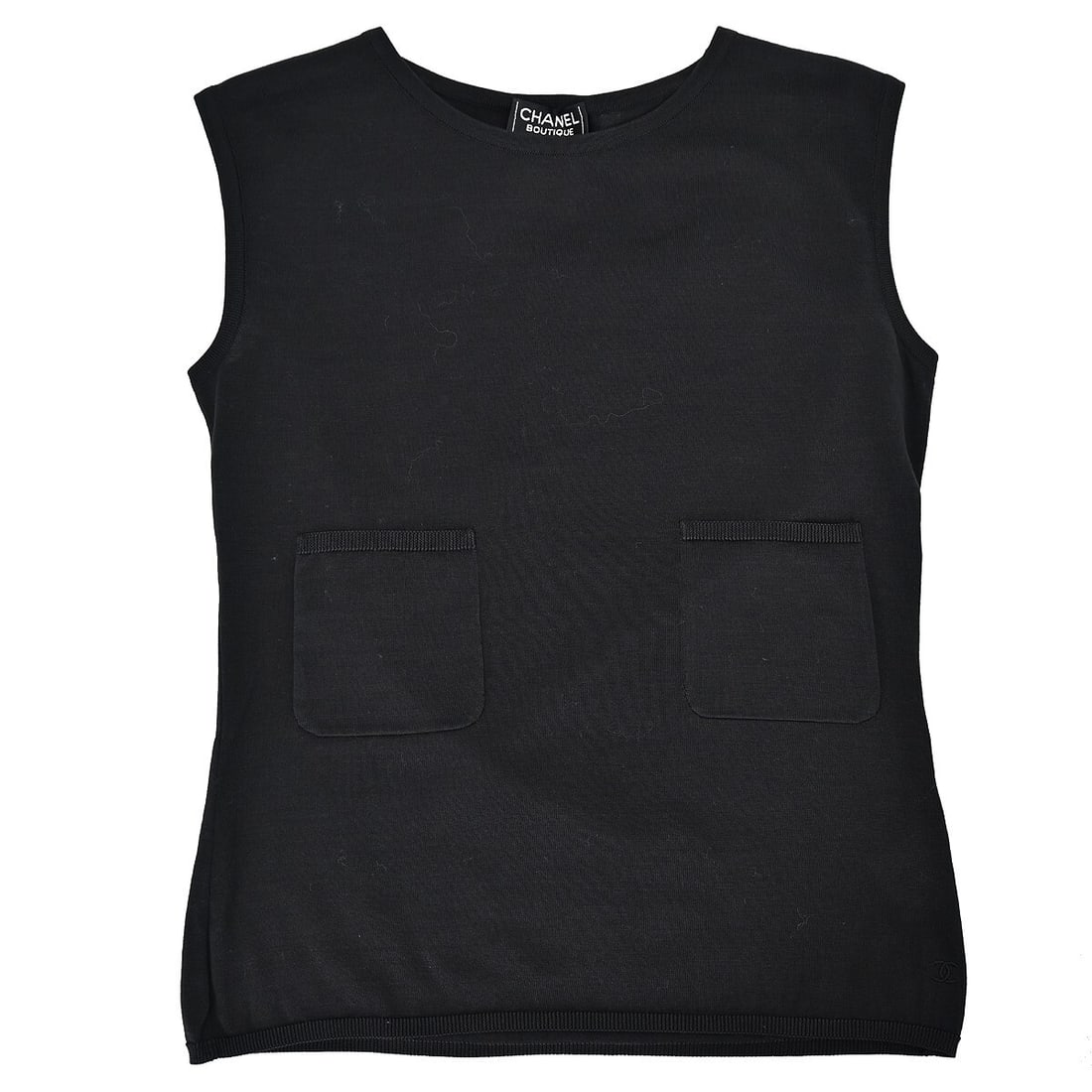 CHANEL Black Cotton Tank Top Size 40 Sleeveless: CHANEL Black Cotton Tank Top Size 40 Sleeveless Black sleeveless Chanel top with a round neckline and two front pockets. Made in France from 100% cotton, this women's regular-fit top is marked size 40