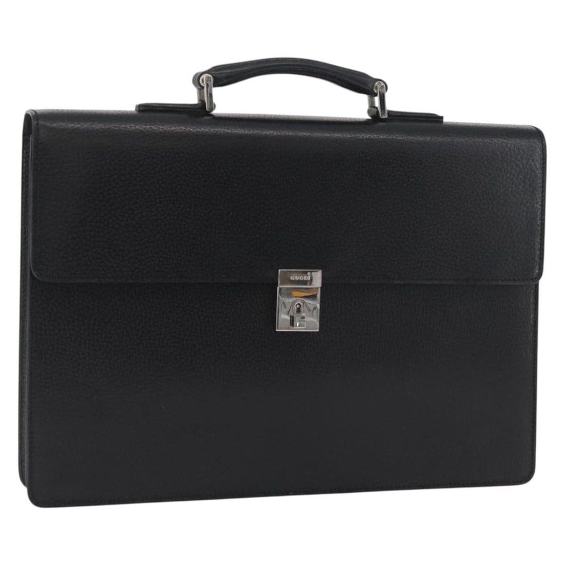 Gucci 015 0235 black leather business bag with key clochette: Gucci 015 0235 black leather business bag with key clochette Gucci black leather business bag with silver-tone accents, designed for women and made in Italy. This structured bag includes one key and a
