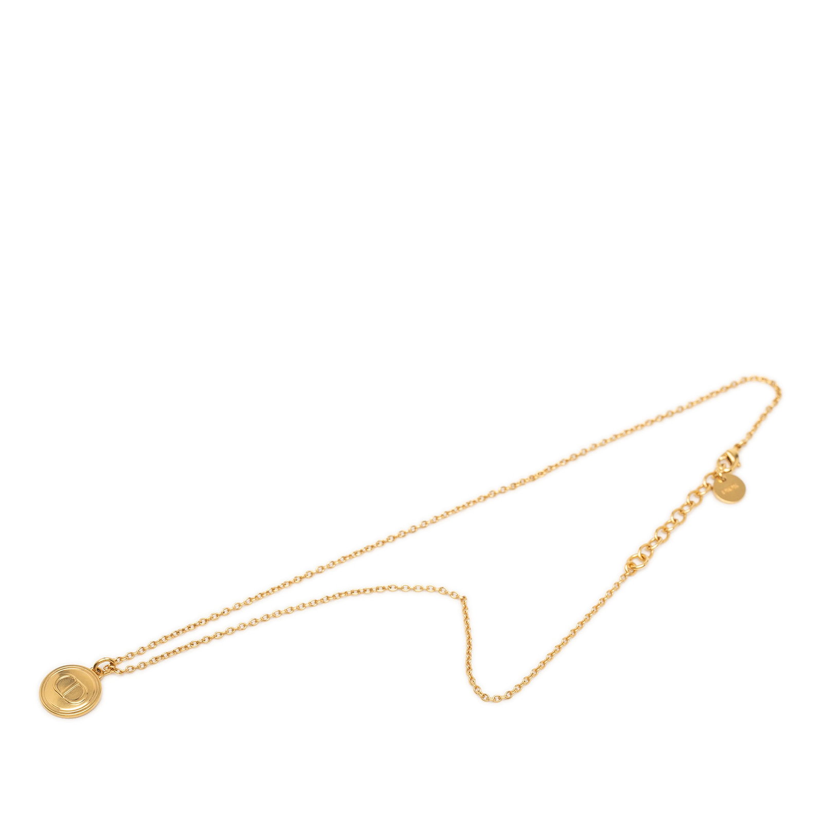 Dior CD Logo Round Pendant Necklace Gold Plated Metal: Dior CD Logo Round Pendant Necklace Gold Plated Metal Dior round pendant necklace featuring the CD logo in gold-plated metal with a lobster clasp closure. This costume jewelry piece is made in Germany