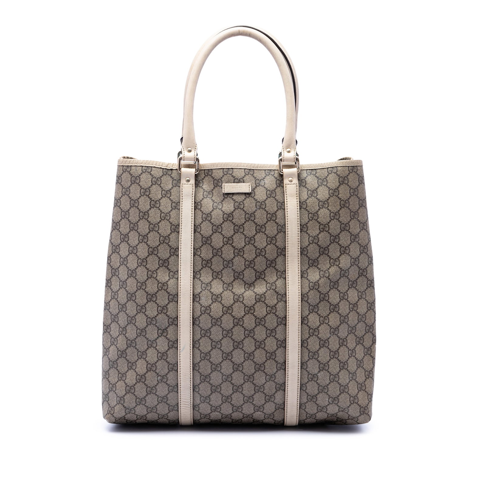 Gucci Joy Vertical Tote GG Supreme Coated Canvas Bag: Gucci Joy Vertical Tote GG Supreme Coated Canvas Bag Gucci GG Supreme Joy Vertical Tote in beige with a coated canvas body and leather trim. This tote features rolled leather handles, an open top with