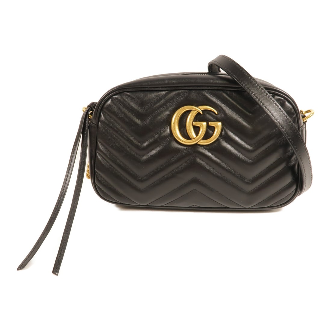 Gucci GG Marmont Black Calfskin Shoulder Bag Model 447632: Gucci GG Marmont Black Calfskin Shoulder Bag Model 447632 Gucci GG Marmont shoulder bag in black calfskin leather with a black exterior and GG hardware. Made in Italy, this women's shoulder bag featur