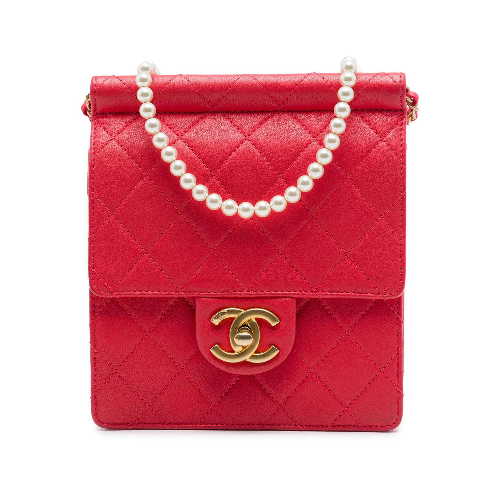Chanel Chic Pearls Small Flap Crossbody in Red Lambskin: Chanel Chic Pearls Small Flap Crossbody in Red Lambskin Small Chanel Chic Pearls Flap crossbody bag in red quilted lambskin leather. This bag features a leather-woven chain link and faux pearls strap,