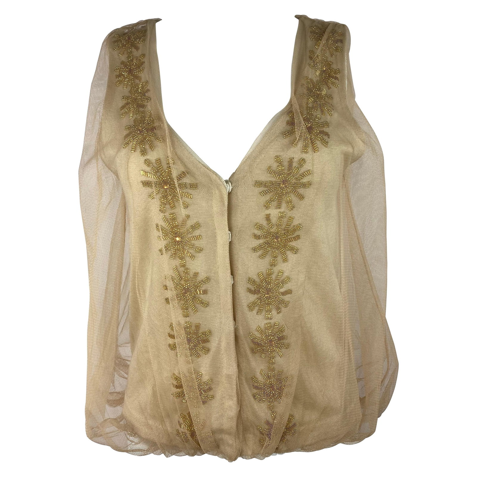 3.1 Phillip Lim Beige Sleeveless Knit Tulle Top S: 3.1 Phillip Lim Beige Sleeveless Knit Tulle Top S Beige knit and tulle vest blouse top by 3.1 Phillip Lim, featuring floral detail, a V neckline, front button-down closure, and a sleeveless design. Th